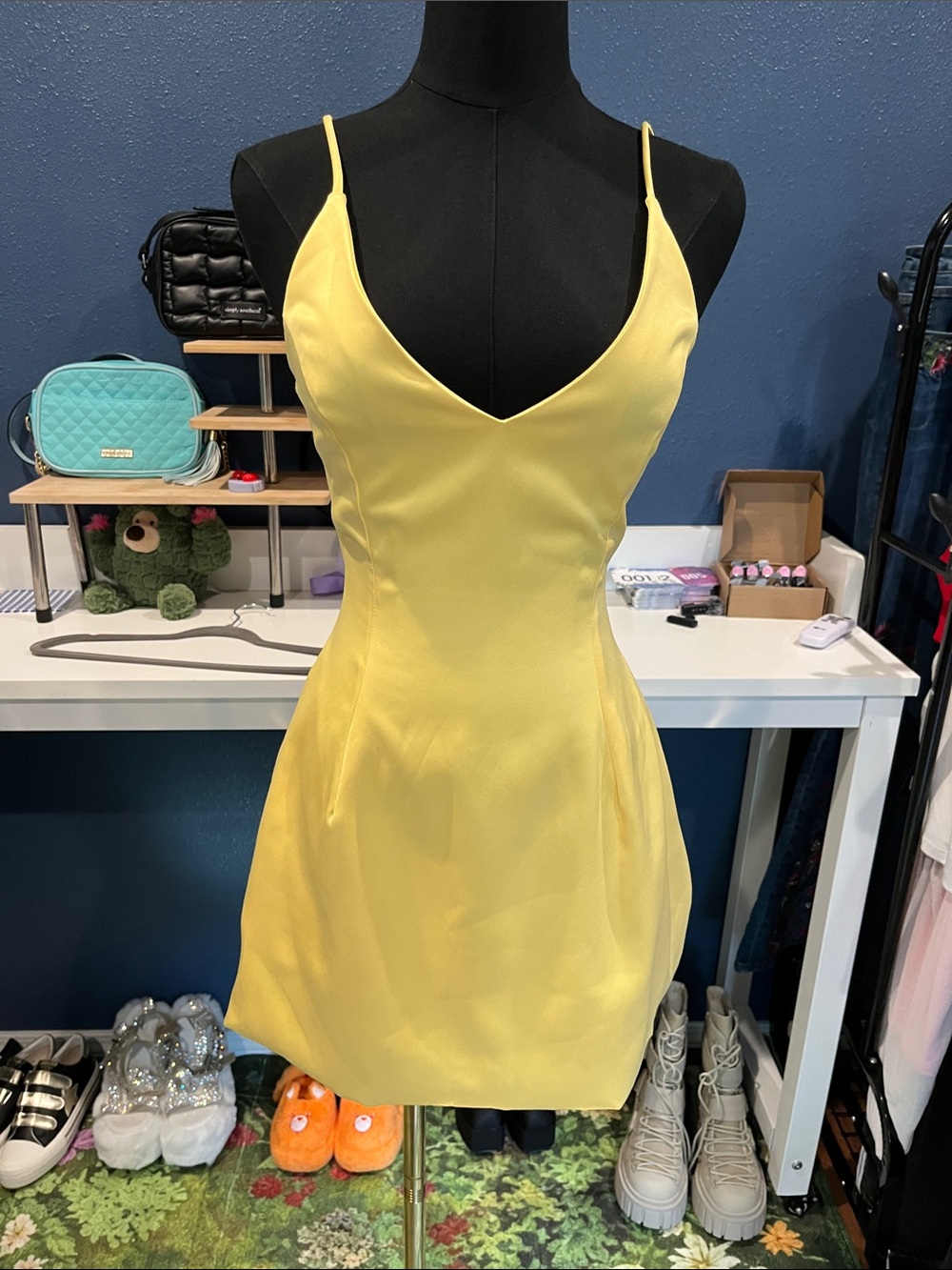 NWT AKIRA Yellow Satin Spaghetti Strap V-Neck Mini Dress